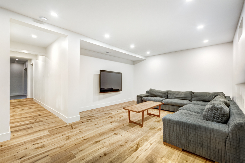 Bright finished basement showcasing modern basement finishing services in Spokane Valley, WA